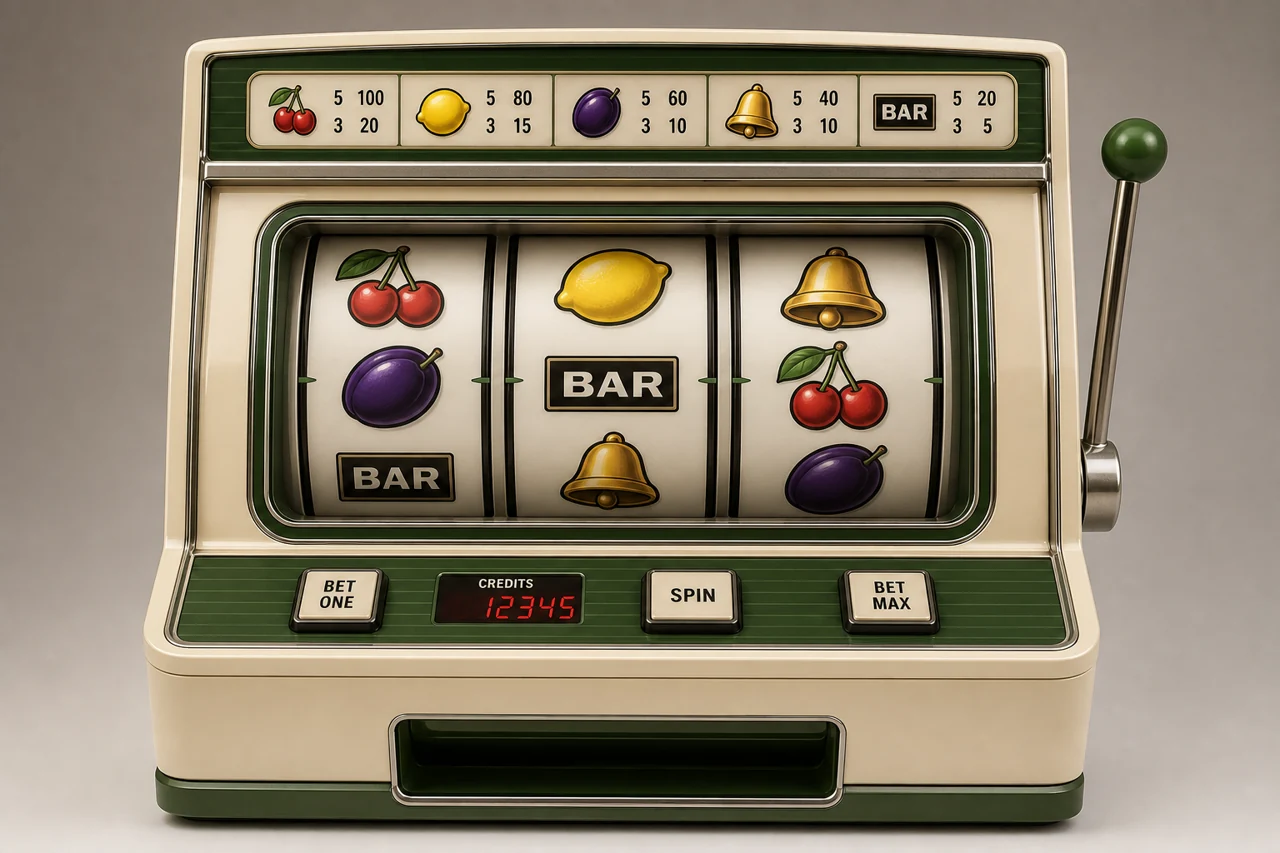 Detailed classic fruit video slot with cherries, lemons, plums, bells and single BAR symbols