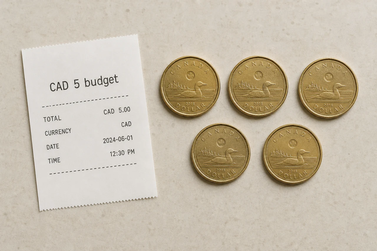 Five Canadian one-dollar coins neatly arranged beside a small receipt labelled "CAD 5 budget", cream surface, natural shadow, realistic flat lay
