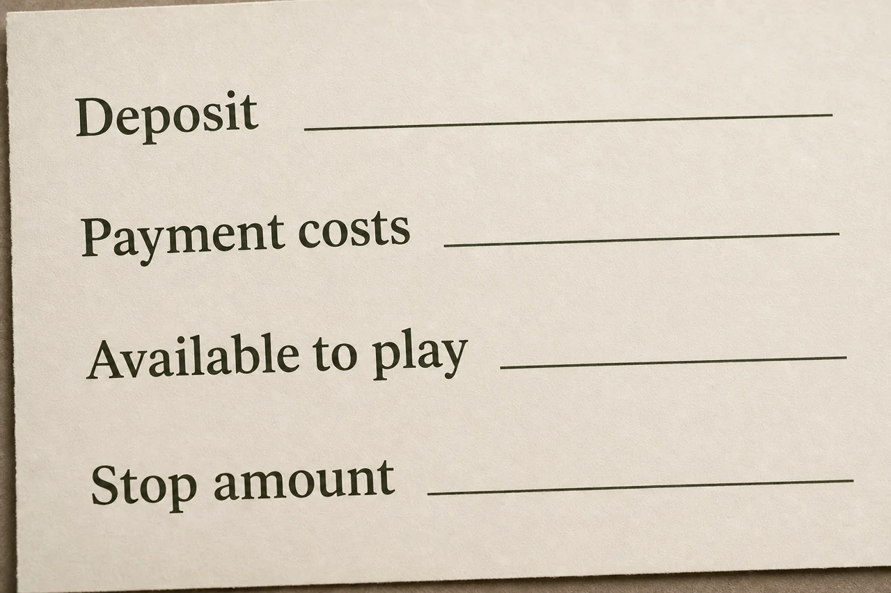 A budget worksheet with lines "Deposit", "Payment costs", "Available to play", "Stop amount" on natural off-white paper, olive black ink