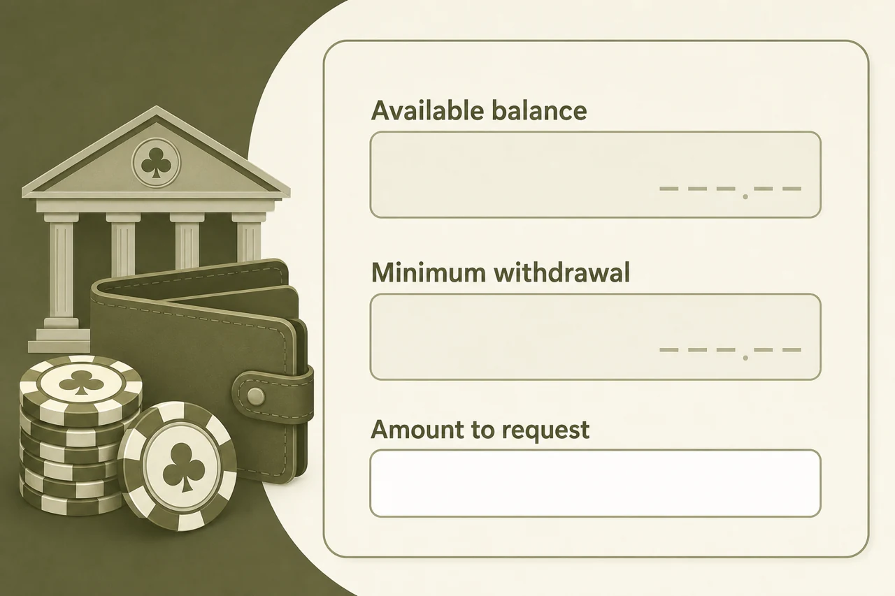 A casino withdrawal form illustration with two large fields "Available balance" and "Minimum withdrawal", and an unfilled final line "Amount to request"